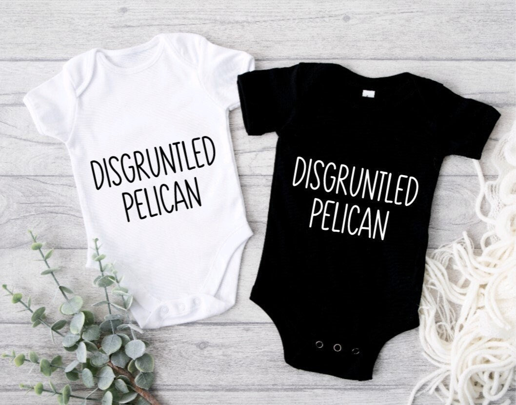 disgruntled pelican white ONESIE® brand baby shower gift schitts creek gift Moira Rose Alexis Rose David organic cotton 0-3, 3-6, 6-9 months