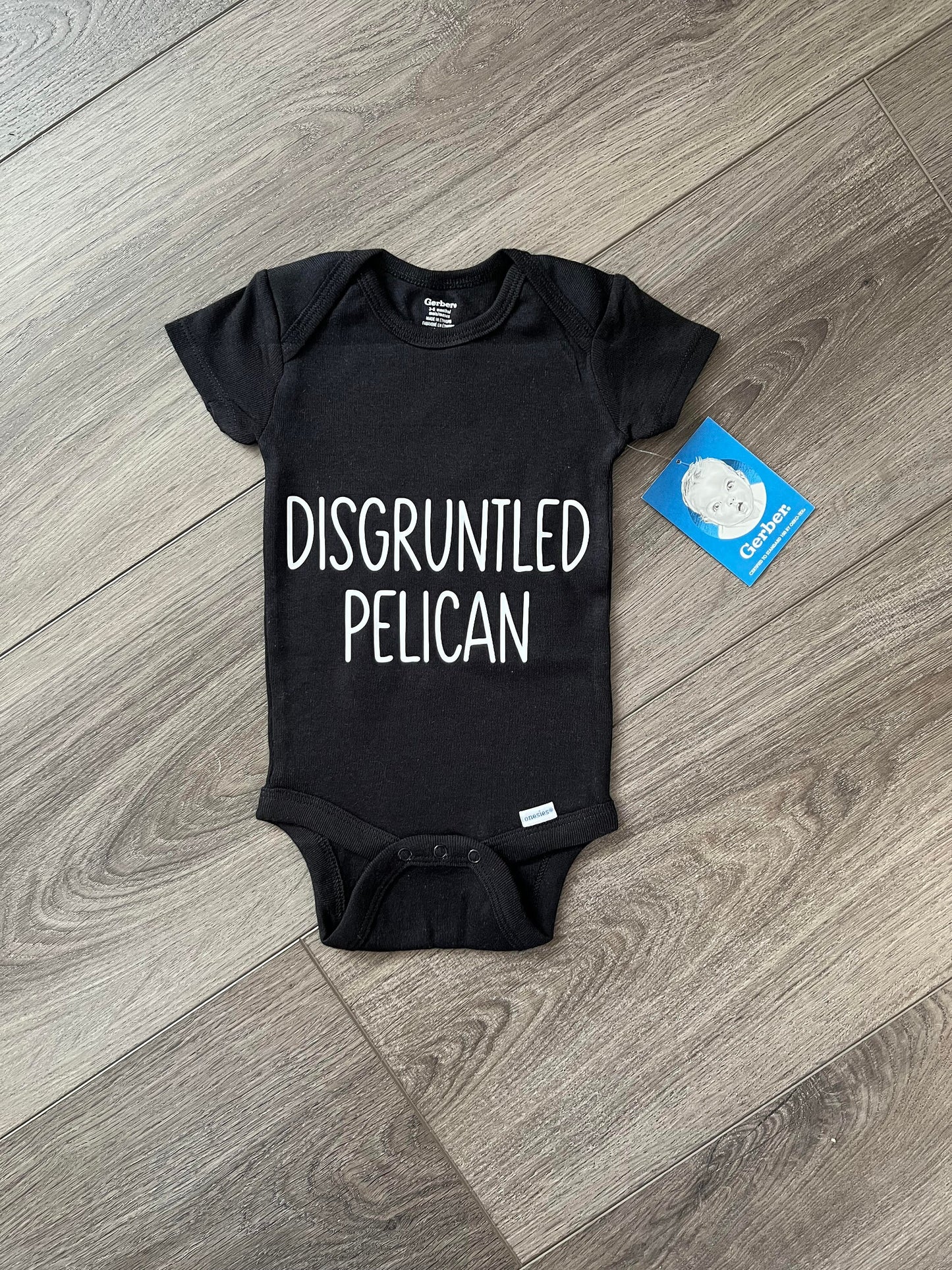 disgruntled pelican white ONESIE® brand baby shower gift schitts creek gift Moira Rose Alexis Rose David organic cotton 0-3, 3-6, 6-9 months