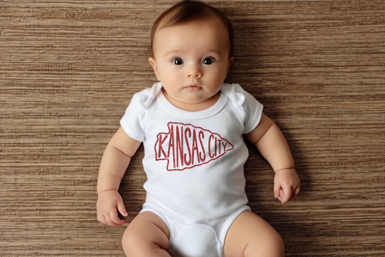MADE IN KC Kansas City Arrowhead Gerber onesie® brand unisex 0-24 months baby shower gift bodysuit arrowhead Football
