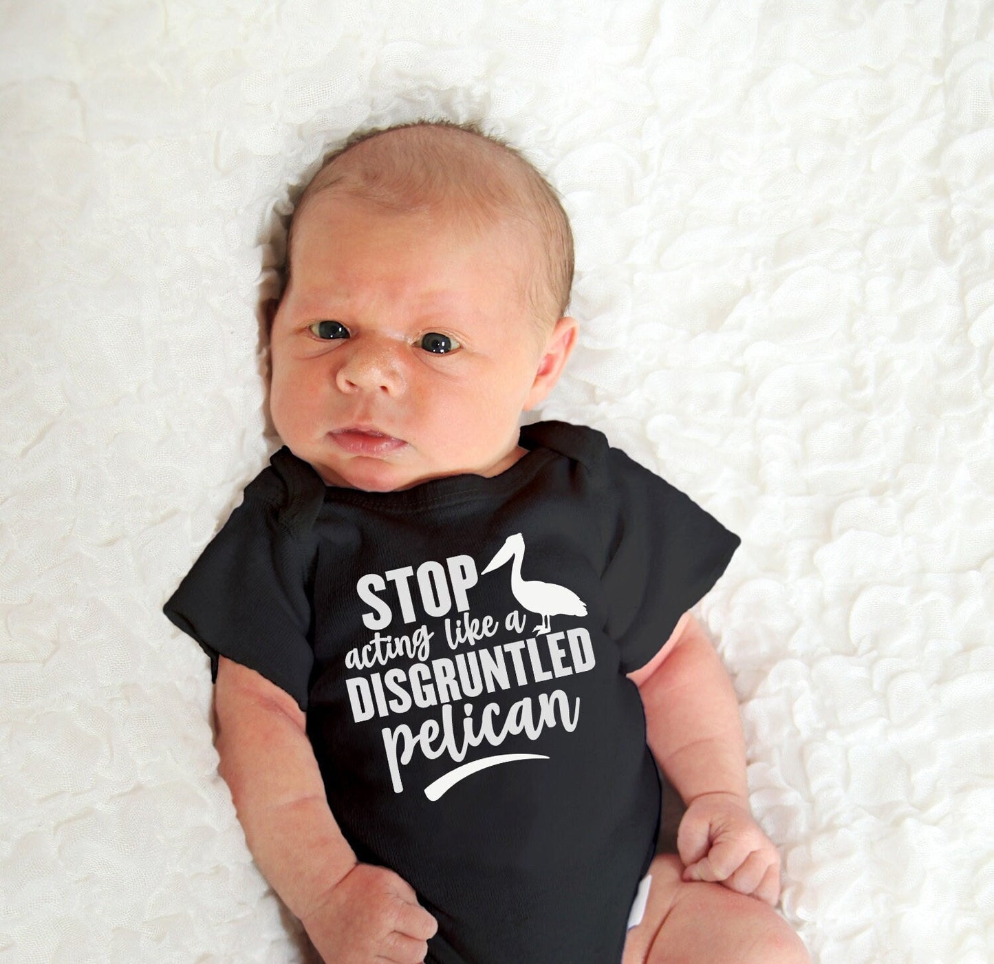 Stop Acting Like a Disgruntled Pelican ONESIE® brand baby shower sprinkle gift Schitts Creek gift Moira Rose 0-3, 3-6, 6-9 months
