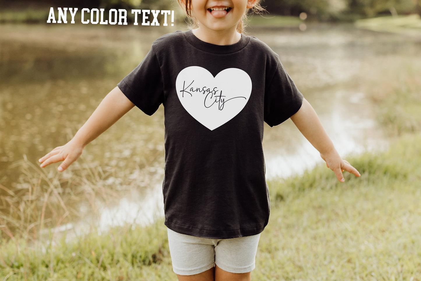 Toddler Youth Kansas City Cursive Heart | Black Sweatshirt Long & Short Sleeve T-Shirt | Perfect for Game Day! Super Soft! Made here in KC!