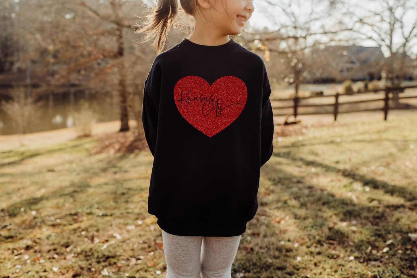 Toddler Youth Kansas City Cursive Heart | Black Sweatshirt Long & Short Sleeve T-Shirt | Perfect for Game Day! Super Soft! Made here in KC!