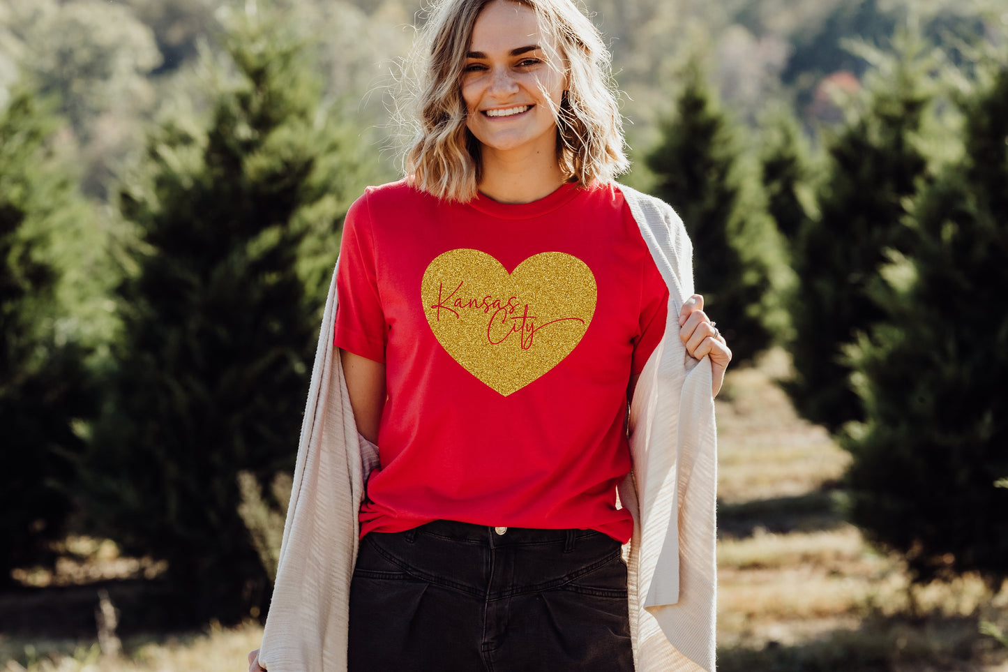 Pick Design Color Kansas City Swoosh Heart | Red T-Shirt or Sweatshirt | Made here in KC! | Perfect for Game Day! | Soft!