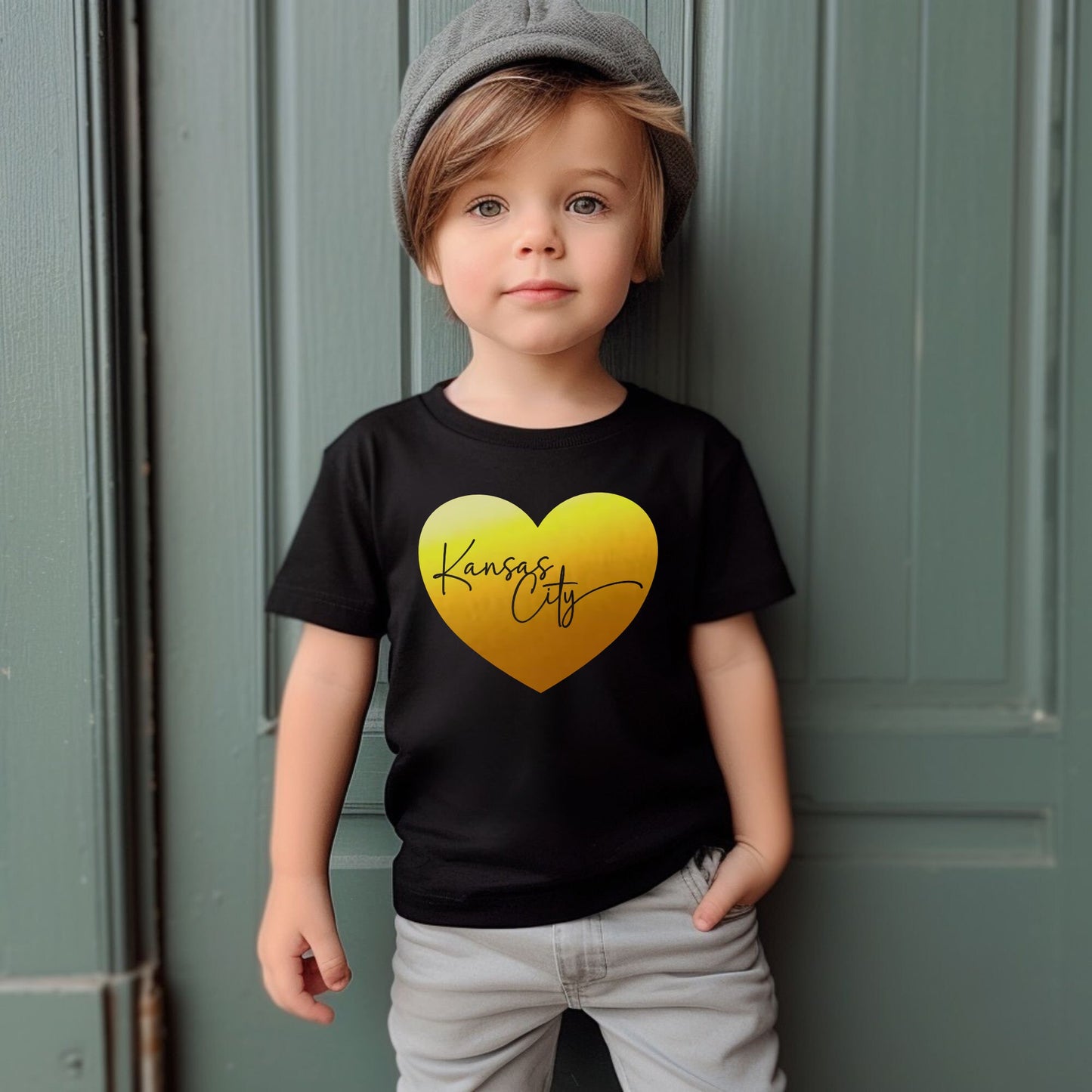 Toddler Youth Kansas City Cursive Heart | Black Sweatshirt Long & Short Sleeve T-Shirt | Perfect for Game Day! Super Soft! Made here in KC!