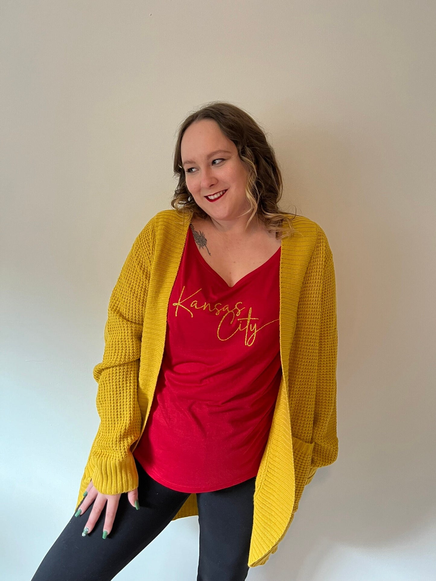 Kansas City Swoosh Red Ethical Bella + Canvas Slouchy T-Shirt | Pick Design Color | Made here in KC! | Perfect for Game Day! | Soft & light!