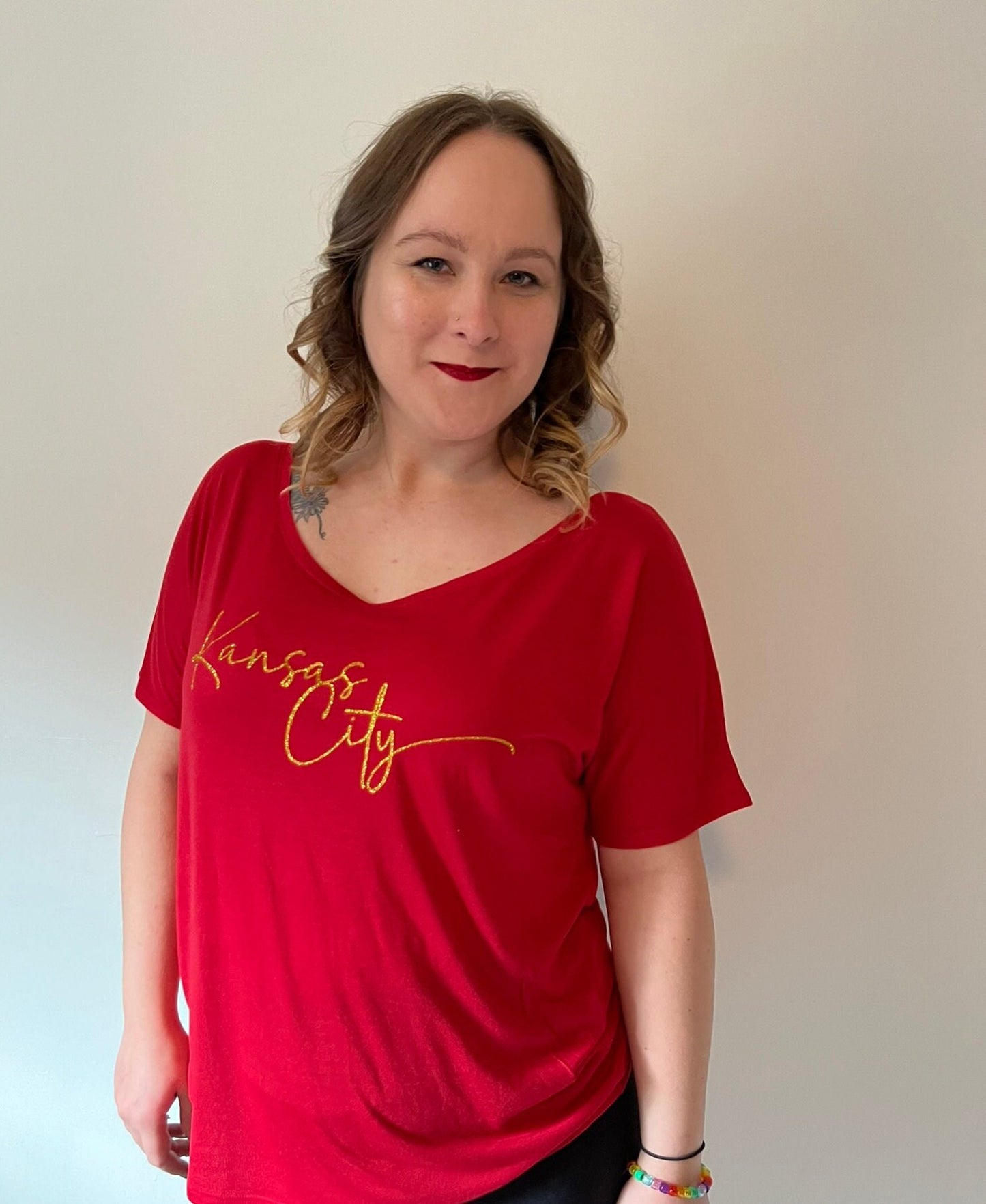 Kansas City Swoosh Red Ethical Bella + Canvas Slouchy T-Shirt | Pick Design Color | Made here in KC! | Perfect for Game Day! | Soft & light!