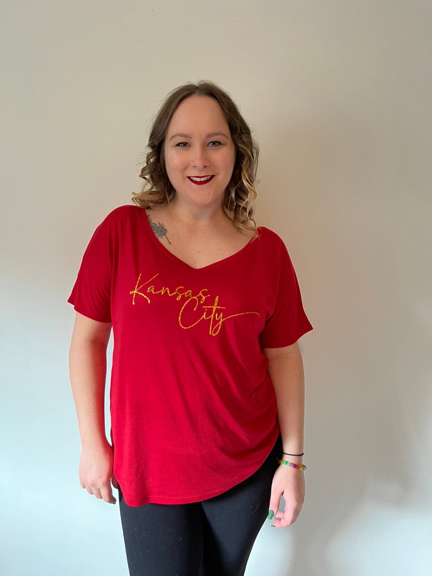 Kansas City Swoosh Red Ethical Bella + Canvas Slouchy T-Shirt | Pick Design Color | Made here in KC! | Perfect for Game Day! | Soft & light!