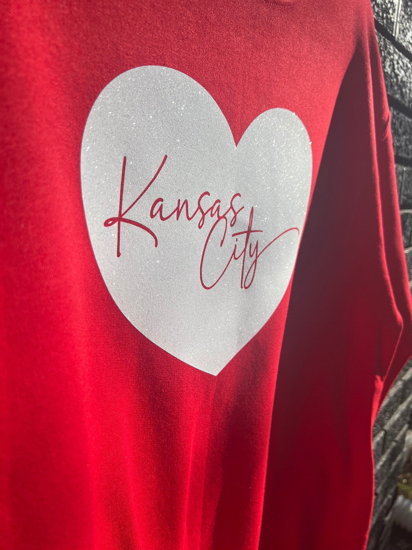 Pick Design Color Kansas City Swoosh Heart | Red T-Shirt or Sweatshirt | Made here in KC! | Perfect for Game Day! | Soft!