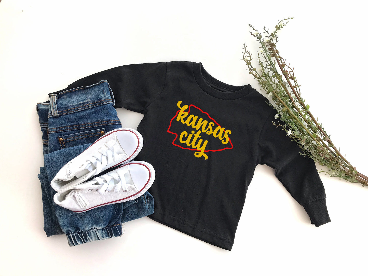 Infant & Toddler KC Football Sweatshirt Long Short Sleeve T-Shirt | Black | Arrowhead | Perfect for Game Day! | Soft! | Made in Kansas City