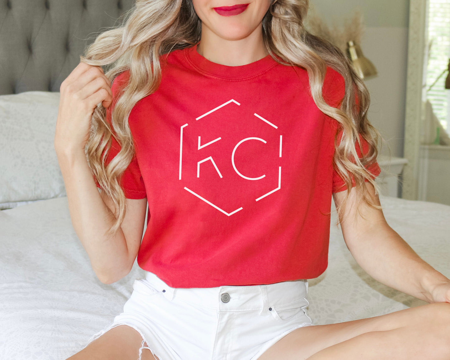 Pick Design Color Unique Modern Hexagon KC | Kansas City Red Sweatshirt T-Shirt | Made here in KC! | Perfect for Game Day! | Soft!
