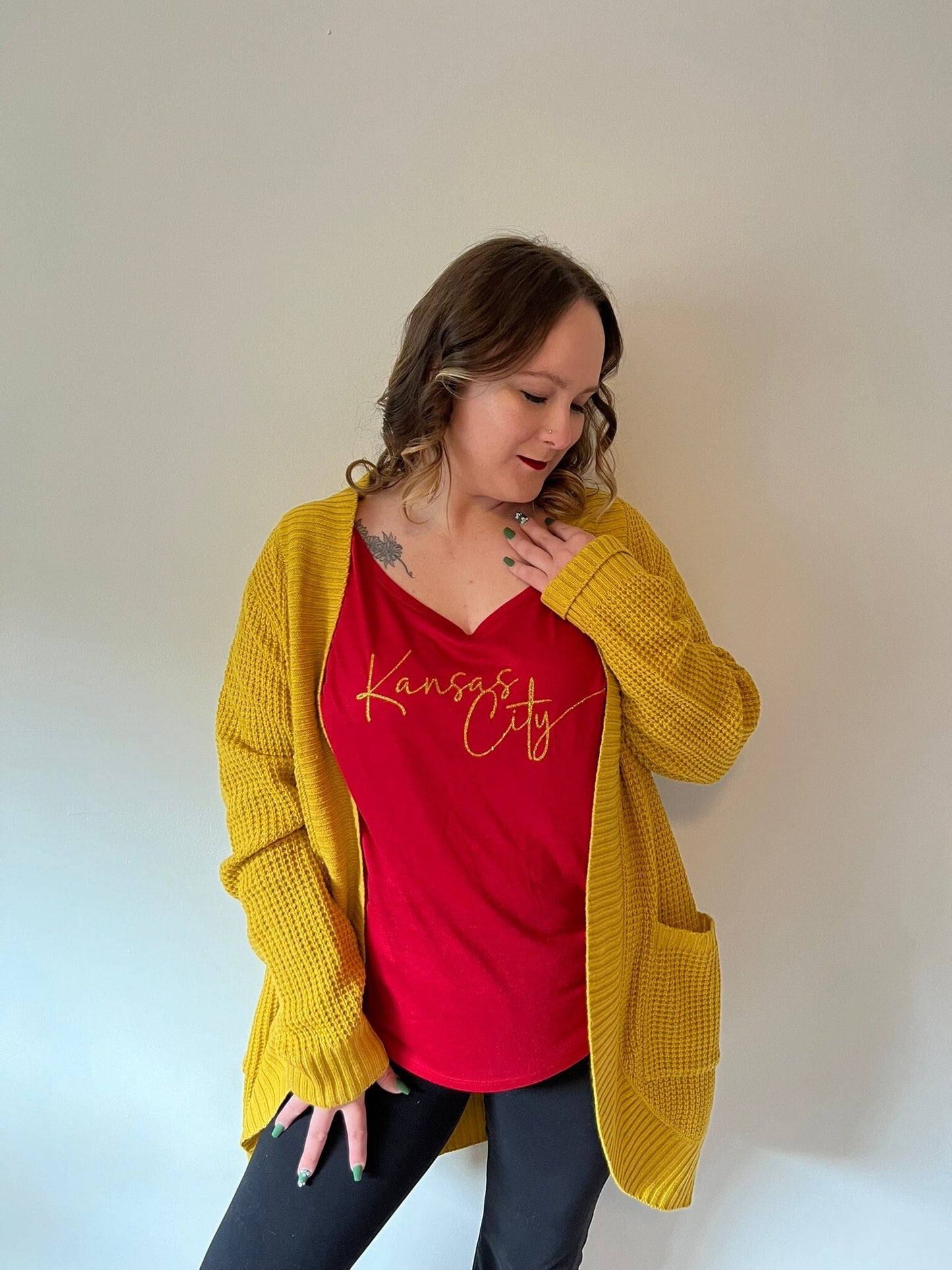 Kansas City Swoosh Red Ethical Bella + Canvas Slouchy T-Shirt | Pick Design Color | Made here in KC! | Perfect for Game Day! | Soft & light!
