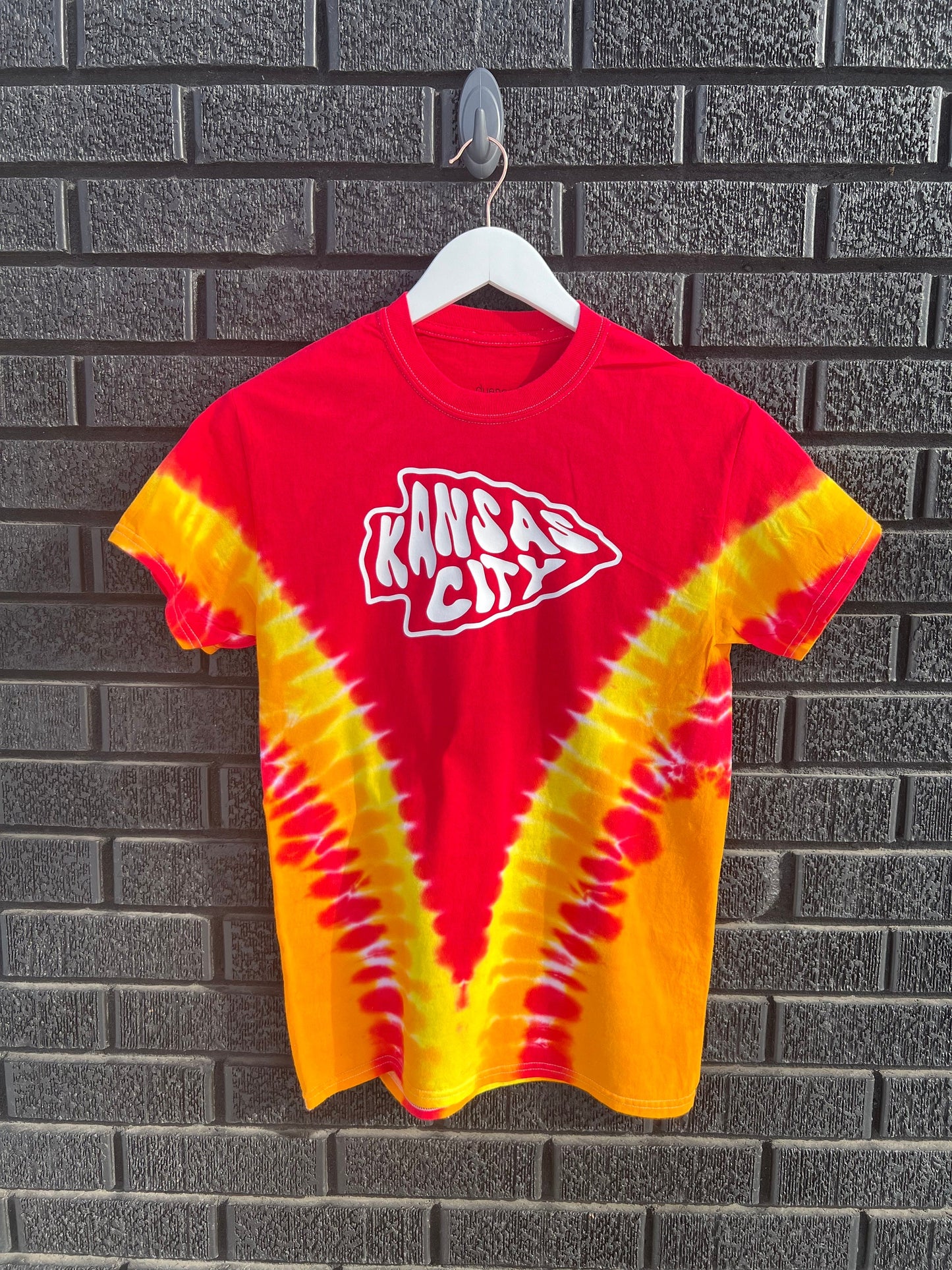 Tie Dye Kansas City Retro Arrowhead | Red Gold White Short Sleeve T-Shirt | Perfect for Game Day! | Made in KC!