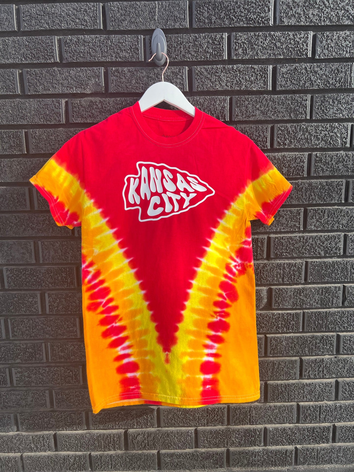 Tie Dye Kansas City Retro Arrowhead | Red Gold White Short Sleeve T-Shirt | Perfect for Game Day! | Made in KC!