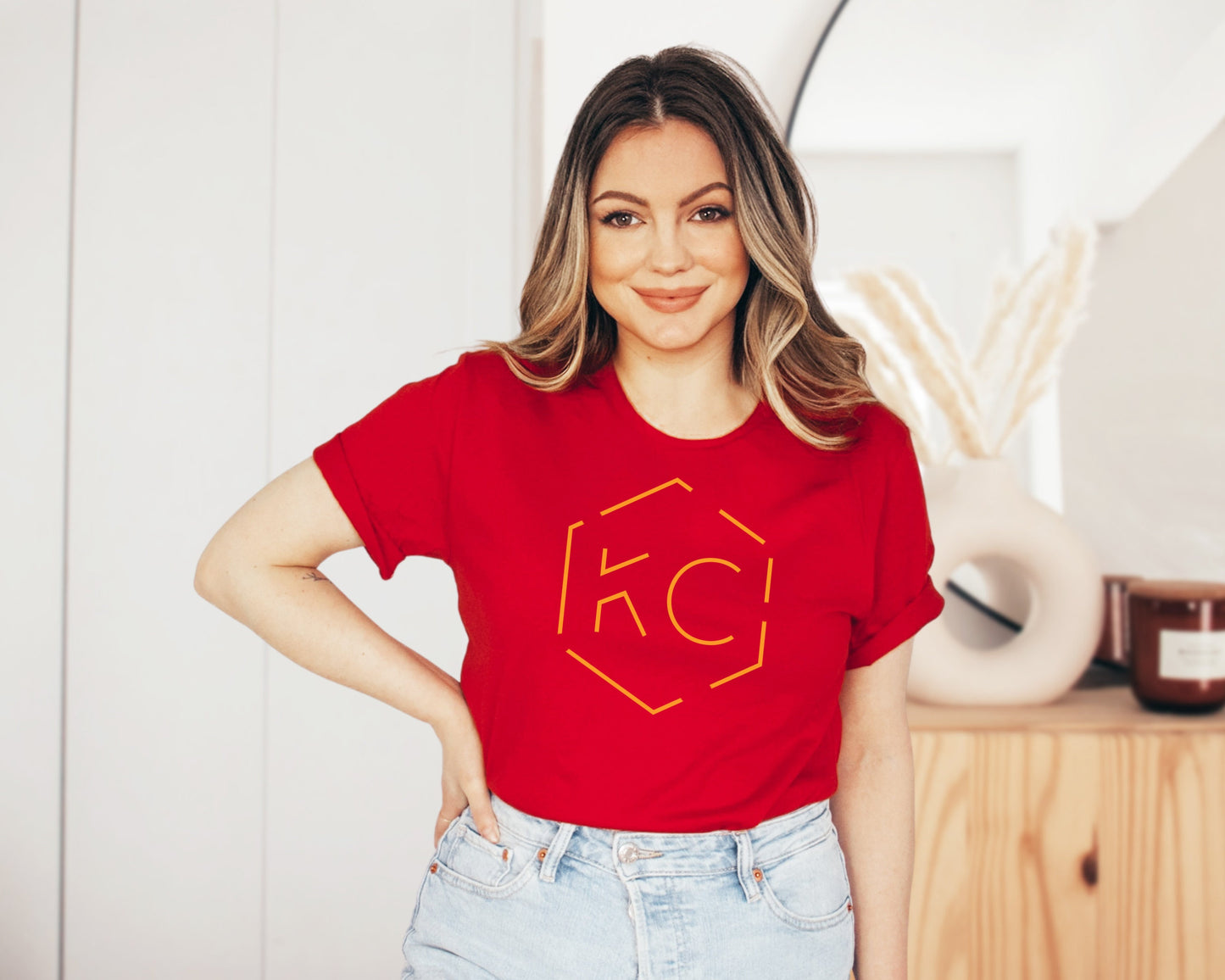 Pick Design Color Unique Modern Hexagon KC | Kansas City Red Sweatshirt T-Shirt | Made here in KC! | Perfect for Game Day! | Soft!