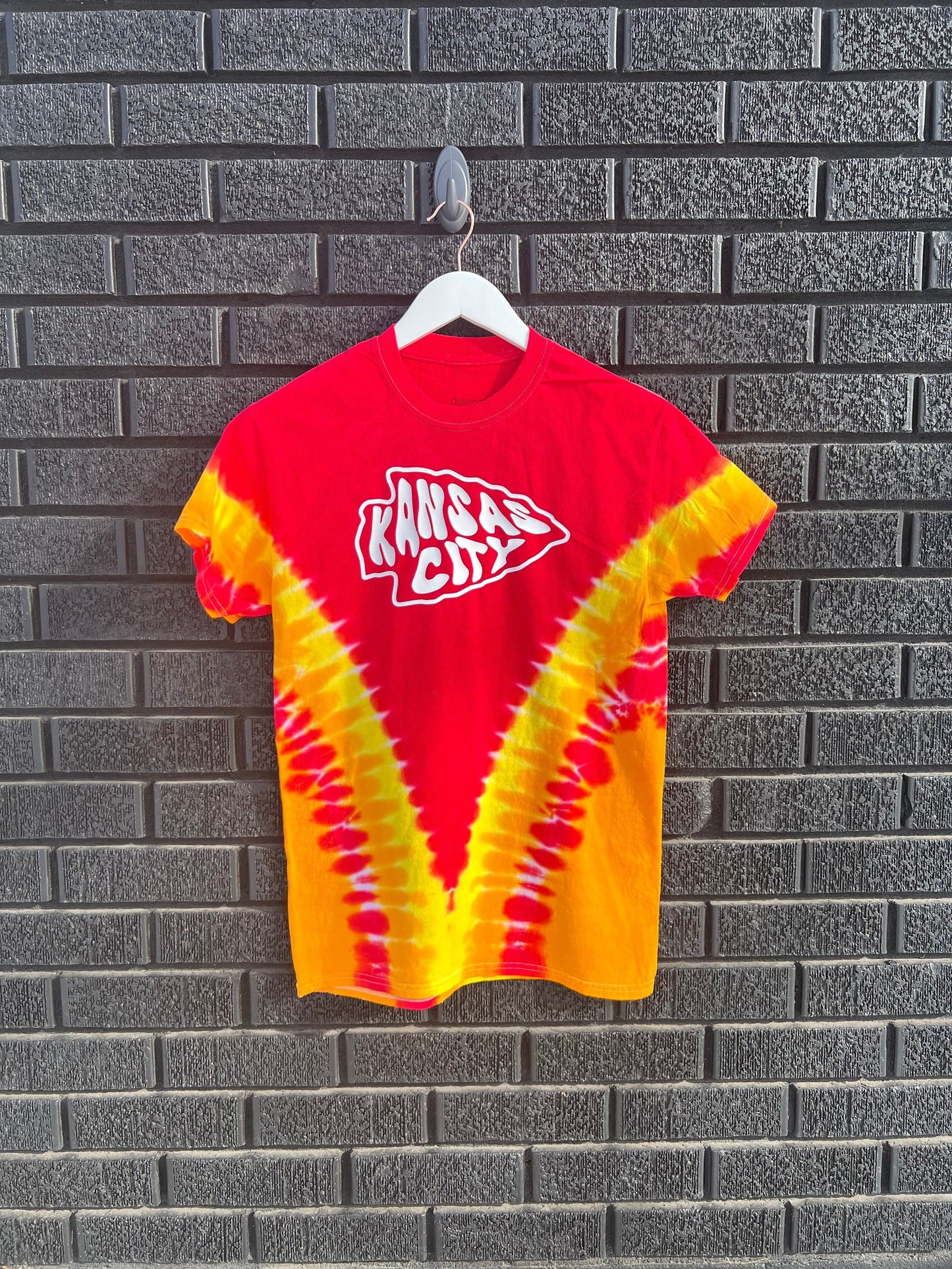 Tie Dye Kansas City Retro Arrowhead | Red Gold White Short Sleeve T-Shirt | Perfect for Game Day! | Made in KC!