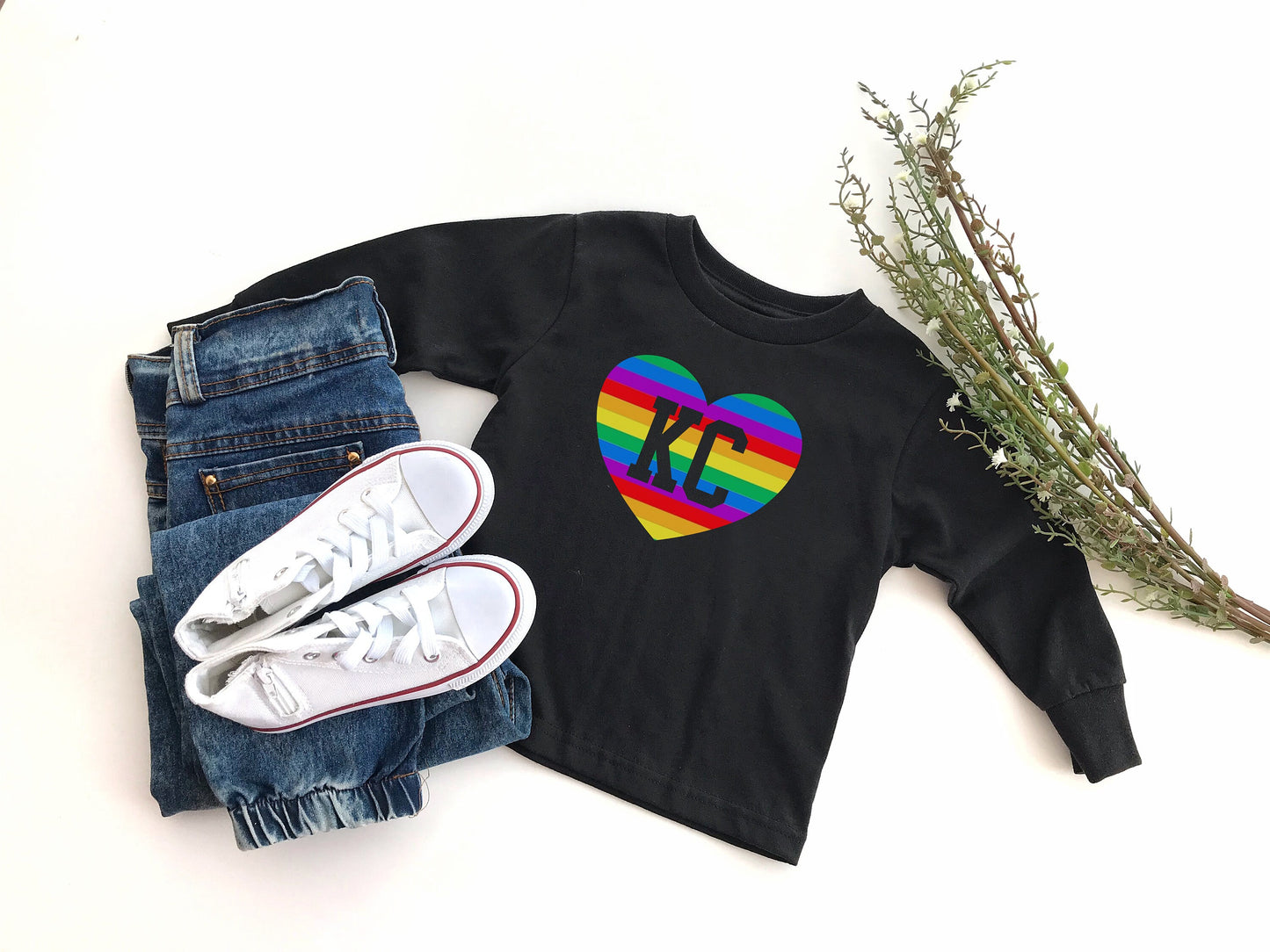 KC Rainbow Heart | Toddler Youth Kids | Made in Kansas City | Black Sweatshirt Long & Short Sleeve T-Shirt | Pride Month | Soft!