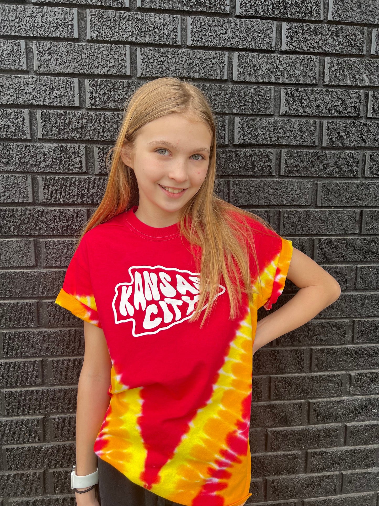 Tie Dye Kansas City Retro Arrowhead | Red Gold White Short Sleeve T-Shirt | Perfect for Game Day! | Made in KC!