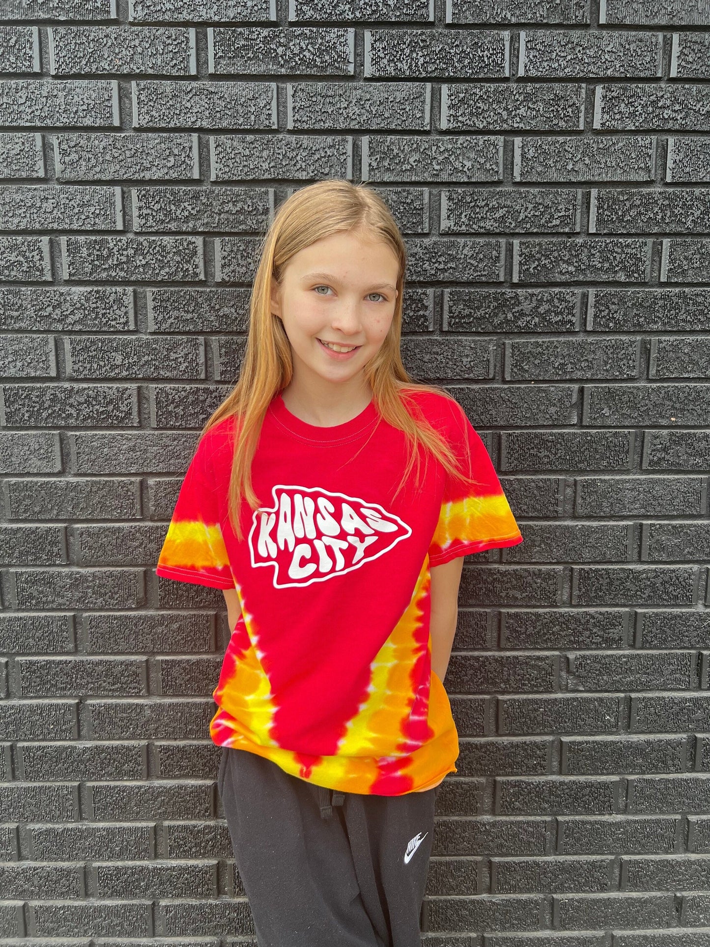 Tie Dye Kansas City Retro Arrowhead | Red Gold White Short Sleeve T-Shirt | Perfect for Game Day! | Made in KC!