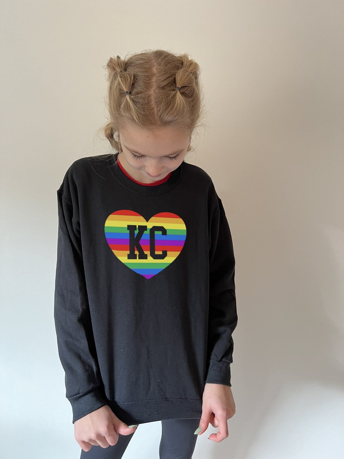 KC Rainbow Heart | Toddler Youth Kids | Made in Kansas City | Black Sweatshirt Long & Short Sleeve T-Shirt | Pride Month | Soft!