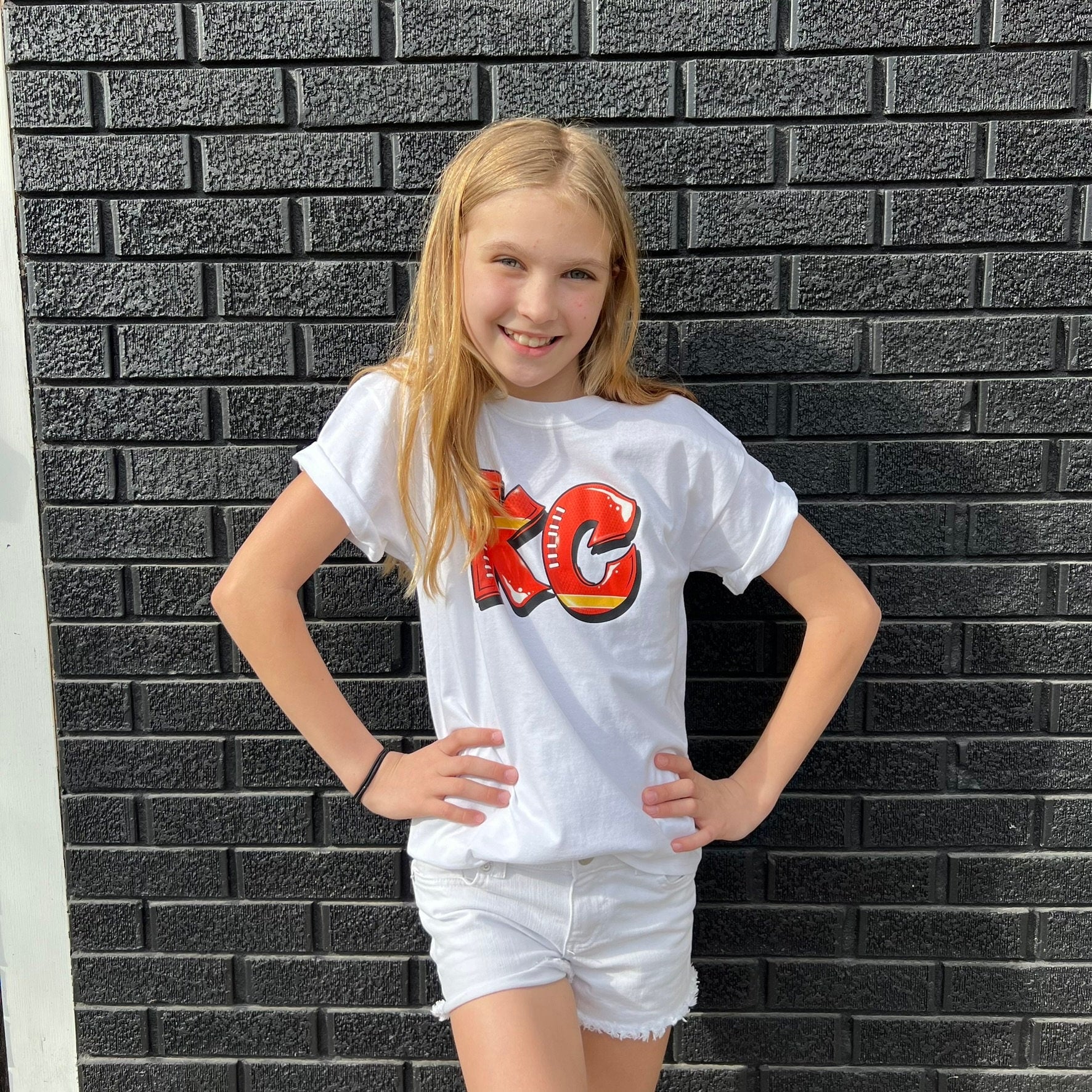 Graffiti KC | Made in Kansas City! | Toddler Kids Football at Arrowhead White Long Short Sleeve Shirt | Perfect for Game Day | Soft! | Youth
