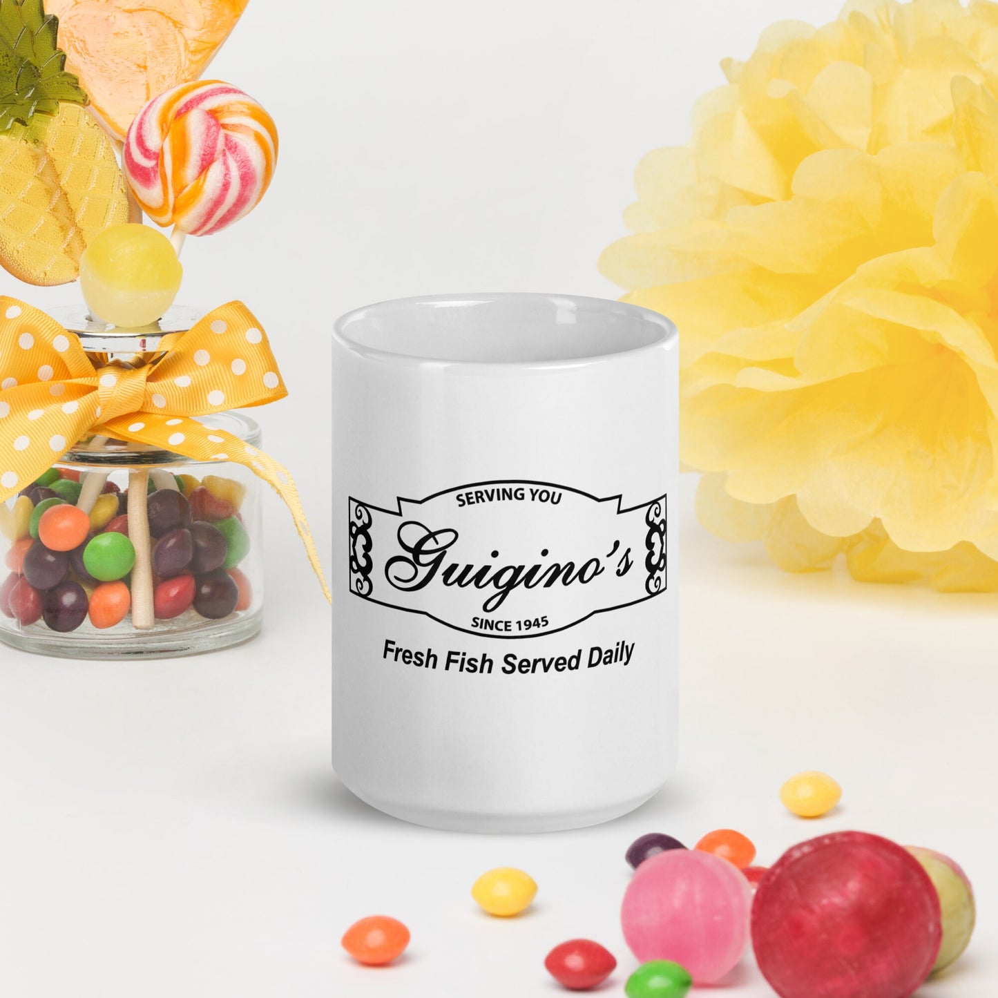 Guigino's Fresh Fish Served Daily White glossy mug Always Sunny in Philadelphia Gift IASIP