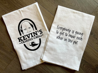 2 Pack Kevin's famous chili Everyone is Going to Get to Know Each Other in The Pot quote office funny kitchen towel housewarming gift