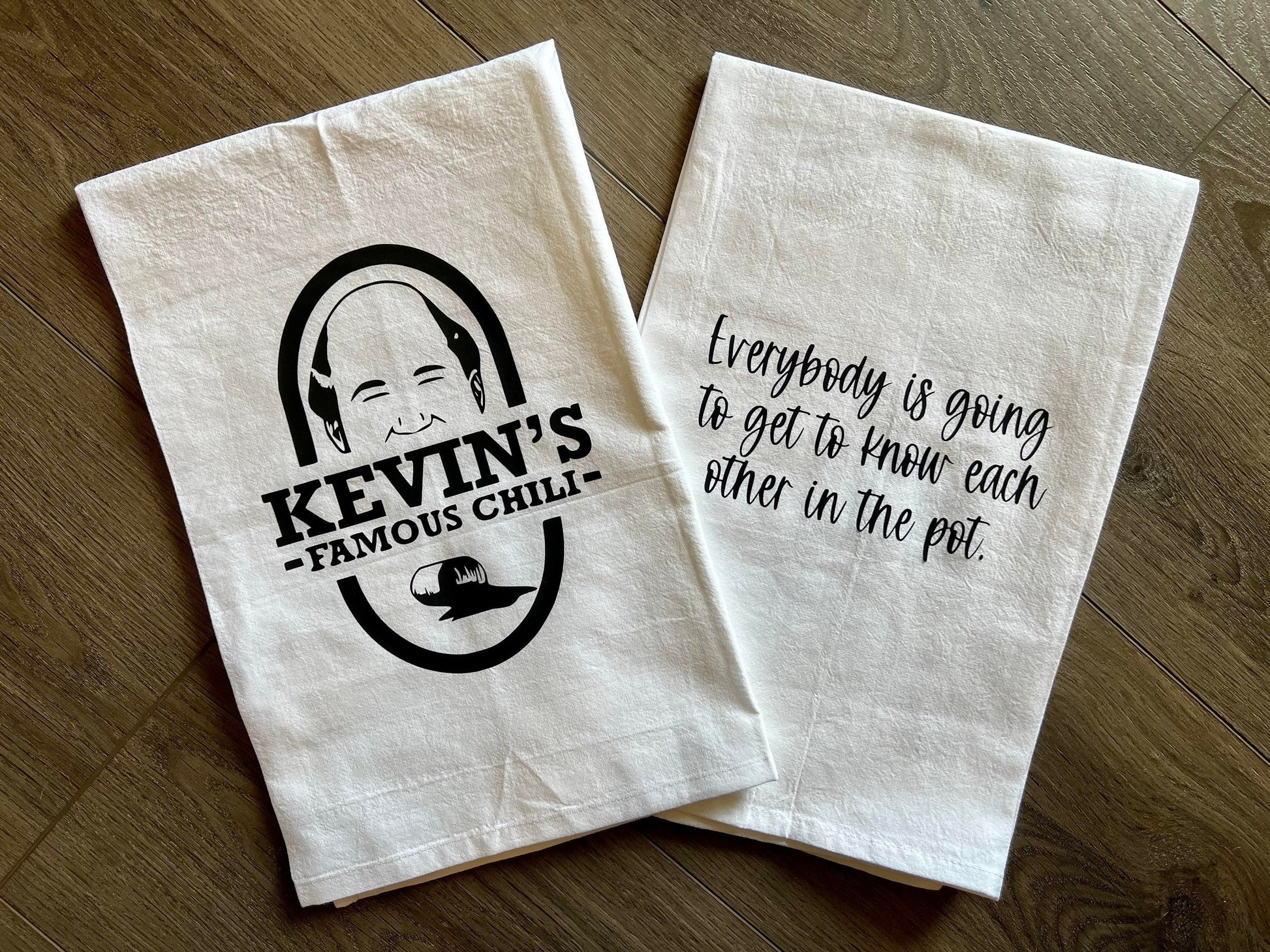 2 Pack Kevin's famous chili Everyone is Going to Get to Know Each Other in The Pot quote office funny kitchen towel housewarming gift