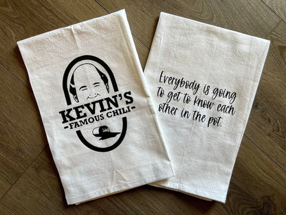 2 Pack Kevin's famous chili Everyone is Going to Get to Know Each Other in The Pot quote office funny kitchen towel housewarming gift