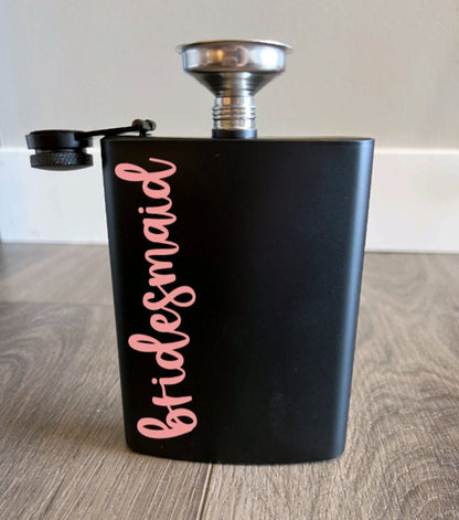 Custom Flask | Black on Black | Groomsmen & Bridesmaid Gifts | Bridal Party Gift | Bachelorette Bachelor Party | Funnel Included!