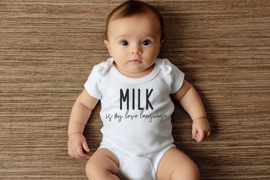 Milk is My Love Language Gerber ONESIE® brand unisex 0-3, 3-6 & 6-9 months funny onesie baby shower gift bodysuit