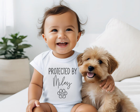 Protected by Dog's Name Gerber ONESIE® brand Dog Lover Parent 0-3, 6-9, 3-6 months baby Baby Shower Gift Funny Bodysuit Pregnancy Reveal