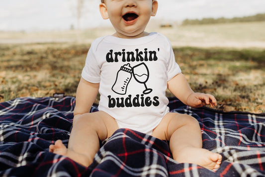 Drinkin' Buddies Unisex Gerber ONESIE® brand 0-3, 3-6, 6-9 months funny Baby Shower Gift | milk wine bodysuit drinking