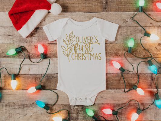 Personalized / Custom Christmas | Gerber ONESIE® Brand unisex 0-3, 3-6, 6-9 months baby bodysuit Christmas Outfit / Gift With Baby's Name