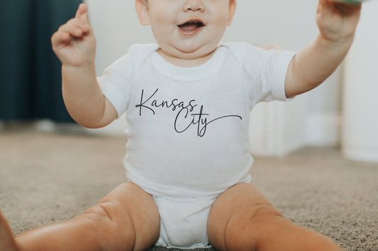 MADE IN KC Kansas City Cursive / Script Gerber onesie® brand unisex 0-24 months baby shower gift bodysuit Football