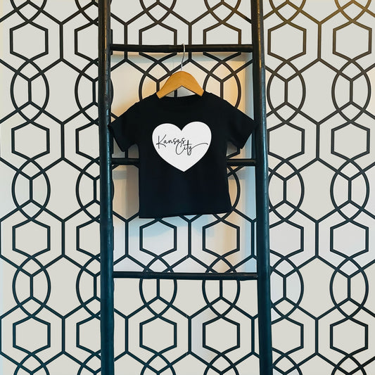 Toddler Youth Kansas City Cursive Heart | Black Sweatshirt Long & Short Sleeve T-Shirt | Perfect for Game Day! Super Soft! Made here in KC!