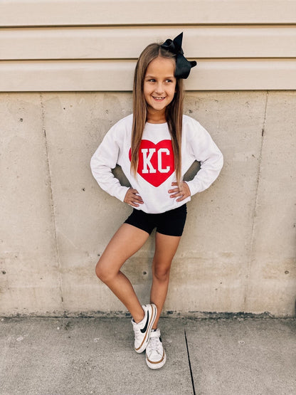 MADE IN KC Toddler Infant Heart Kansas City Arrowhead White Sweatshirt Long & Short Sleeve T-Shirt | Perfect for Game Day! | Super Soft!