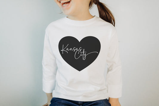 MADE IN KC Toddler Heart Kansas City Arrowhead White Sweatshirt Long & Short Sleeve T-Shirt | Perfect for Game Day! | Super Soft!