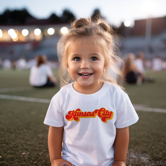 Made in KC! Retro Kansas City | WHITE Long & Short Sleeve T-Shirt | Perfect for Game Day! Red and Gold