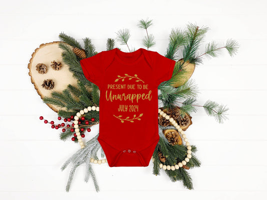 Present Due to Be Unwrapped Your Due Date ONESIE® unisex 0-3 6-9 & 3-6 Custom Baby Pregnancy Announcement bodysuit Christmas