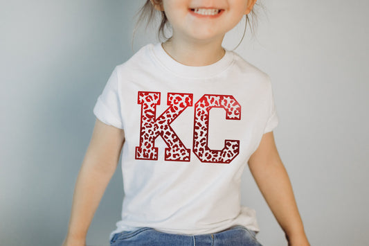 MADE IN KC Toddler Leopard / Cheetah Kansas City Red Sweatshirt Long & Short Sleeve T-Shirt | Perfect for Game Day! | Soft! | Arrowhead