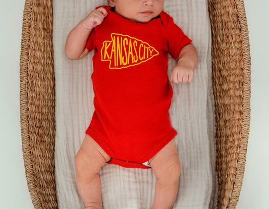 MADE IN KC Kansas City Arrowhead Gerber onesie® brand unisex 0-24 months baby shower gift bodysuit arrowhead Football