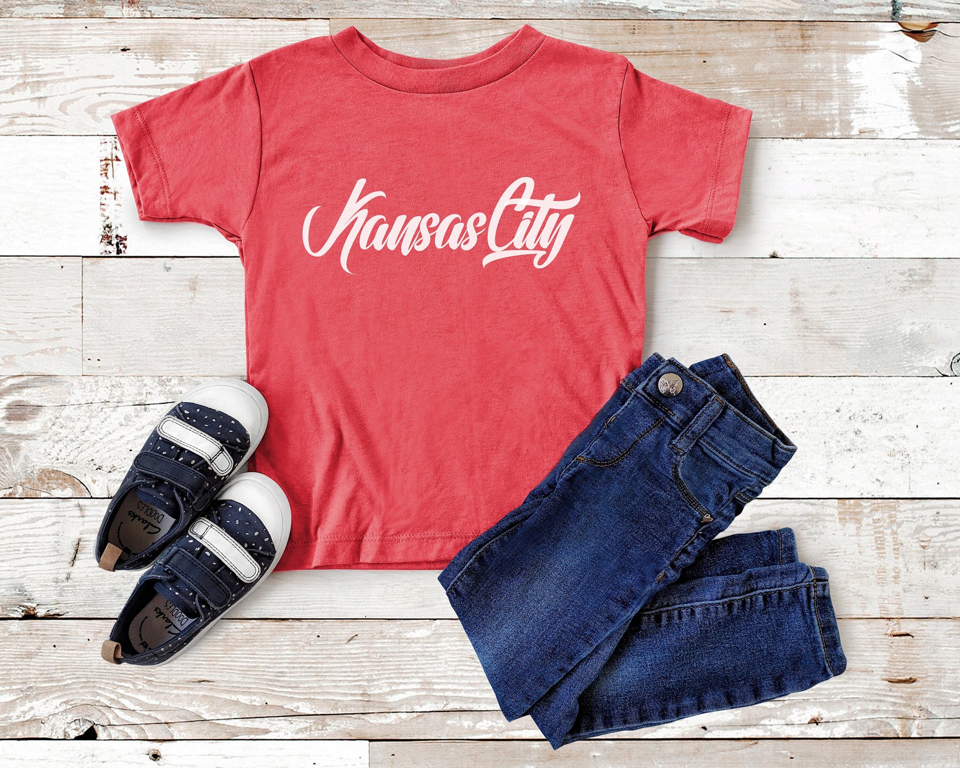 MADE IN KC Toddler Youth Kansas City Red Sweatshirt Long & Short Sleeve T-Shirt | Perfect for Game Day! | Soft! | Retro Cursive Masculine