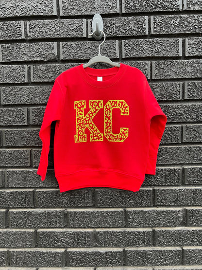 MADE IN KC Toddler Leopard / Cheetah Kansas City Red Sweatshirt Long & Short Sleeve T-Shirt | Perfect for Game Day! | Soft! | Arrowhead