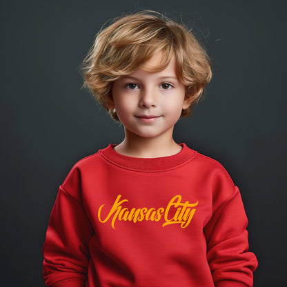 MADE IN KC Toddler Youth Kansas City Red Sweatshirt Long & Short Sleeve T-Shirt | Perfect for Game Day! | Soft! | Retro Cursive Masculine