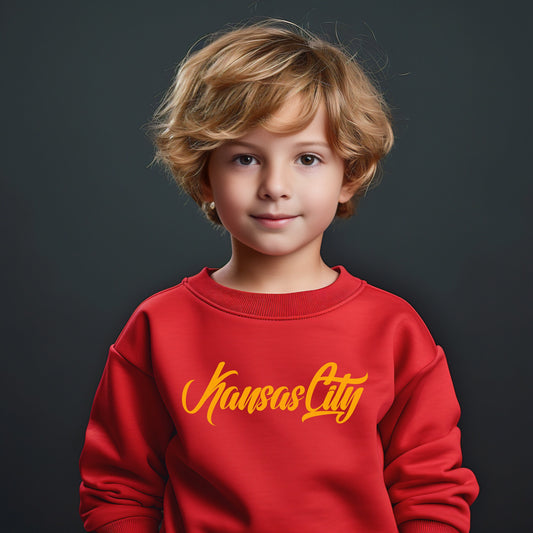 MADE IN KC Toddler Youth Kansas City Red Sweatshirt Long & Short Sleeve T-Shirt | Perfect for Game Day! | Soft! | Retro Cursive Masculine