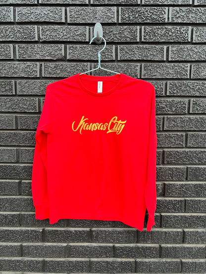 MADE IN KC Toddler Youth Kansas City Red Sweatshirt Long & Short Sleeve T-Shirt | Perfect for Game Day! | Soft! | Retro Cursive Masculine