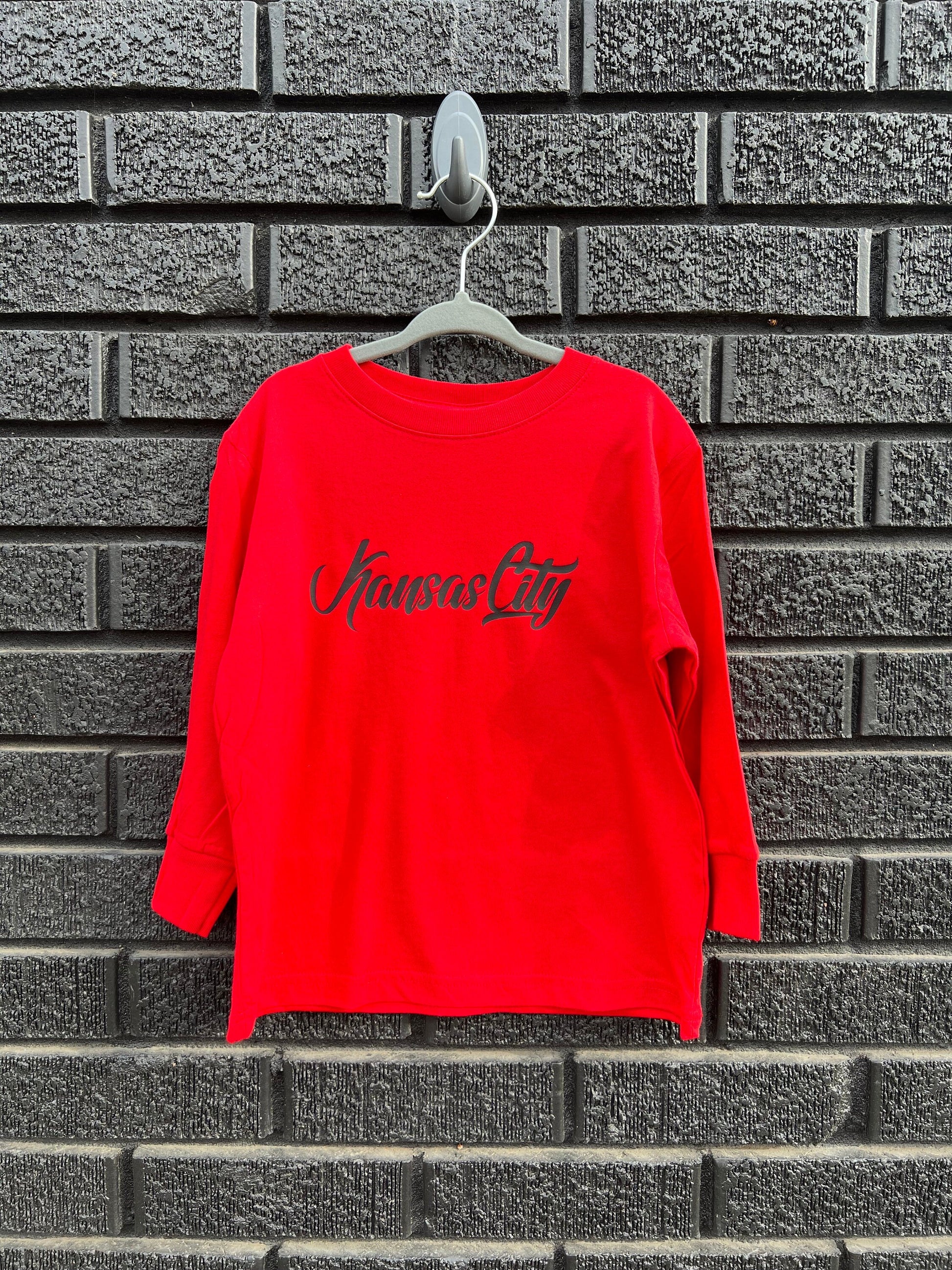 MADE IN KC Toddler Youth Kansas City Red Sweatshirt Long & Short Sleeve T-Shirt | Perfect for Game Day! | Soft! | Retro Cursive Masculine