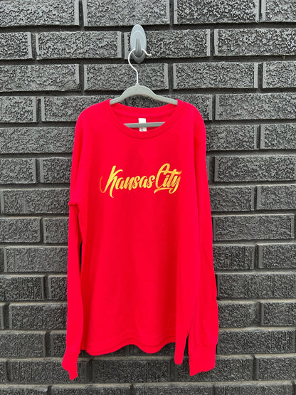 MADE IN KC Toddler Youth Kansas City Red Sweatshirt Long & Short Sleeve T-Shirt | Perfect for Game Day! | Soft! | Retro Cursive Masculine