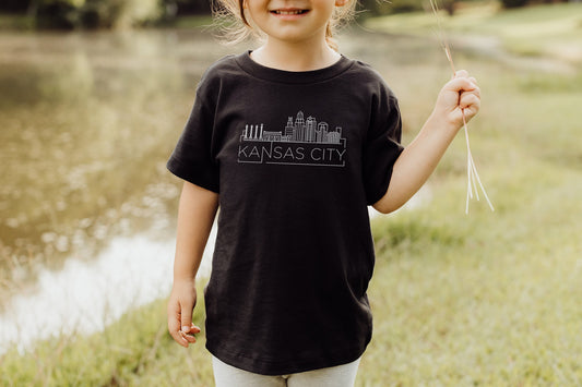 Kansas City Modern Skyline | MADE IN KC | Toddler Infant Kids Black Sweatshirt Long & Short Sleeve T-Shirt | Youth | Soft!