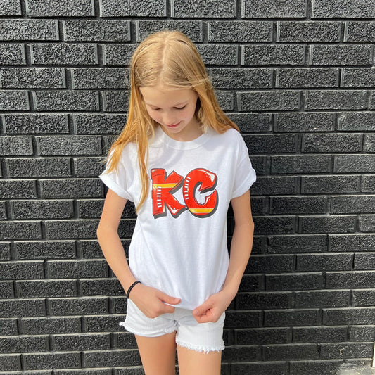 Graffiti KC | Made in Kansas City! | Toddler Kids Football at Arrowhead White Long Short Sleeve Shirt | Perfect for Game Day | Soft! | Youth